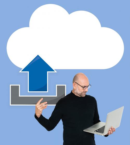 Man carrying a laptop and a cloud storage icon - 475091