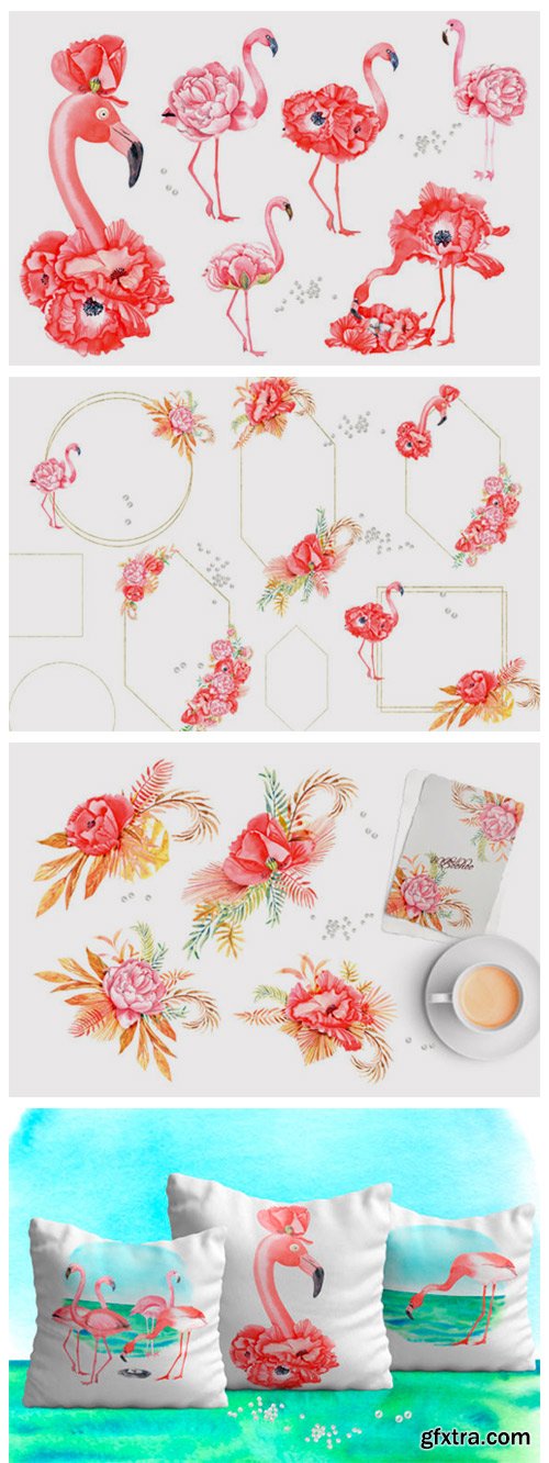 FLAMINGOS and FLOWERS Watercolor Clipart 4414138