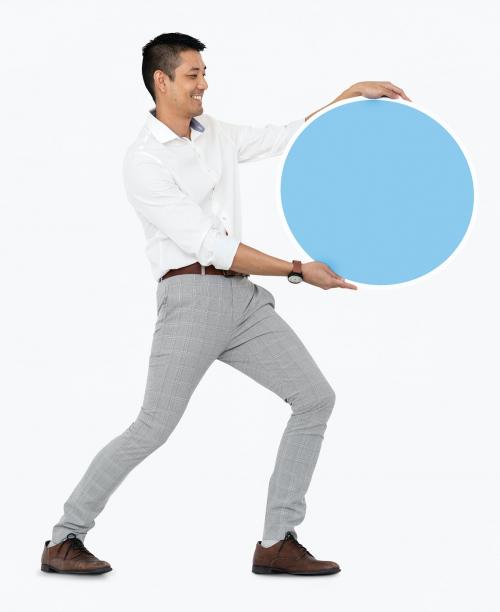 Happy man holding a round blue board - 475148