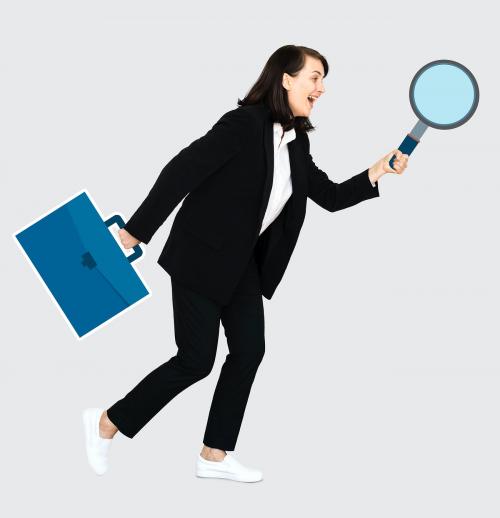 Businesswoman holding a magnifier and a briefcase - 475233