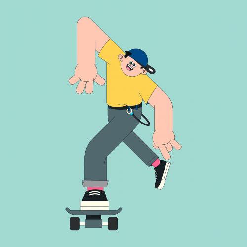 Young skateboarder character on mint green background vector - 1179366