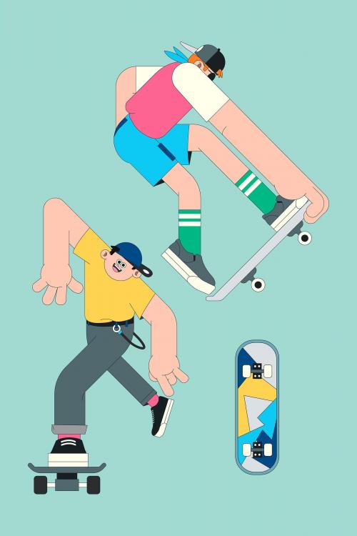 Young skateboarder characters on mint green background vector - 1179443