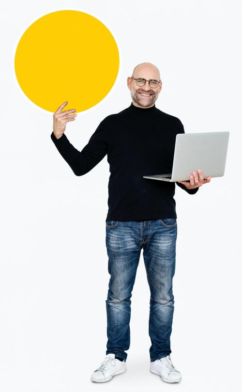 Happy man carrying a laptop and holding a round board - 475293