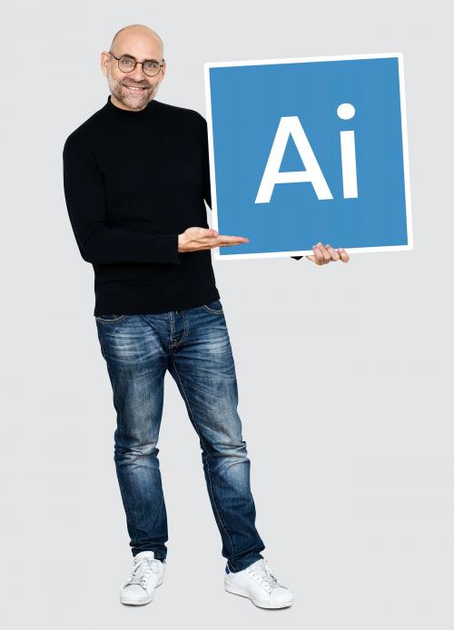 A cheerful man holding an artificial intelligence icon - 475324