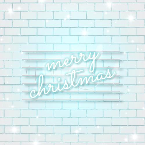 Blue neon text on white brick wall social ads template vector - 1229013