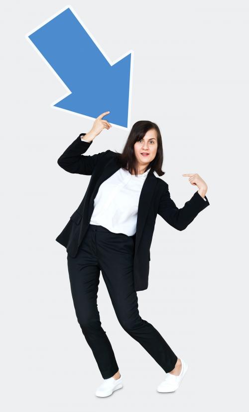 Woman holding a blue arrow and pointing to herself - 475359