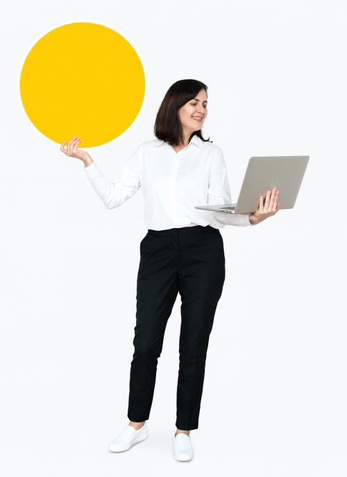 Happy woman carrying a notebook and holding a board - 475376