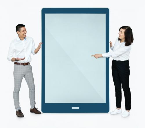 Cheerful people pointing at a tablet screen - 475446