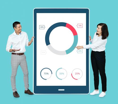 Cheerful diverse people showing pie chart on a tablet - 475448