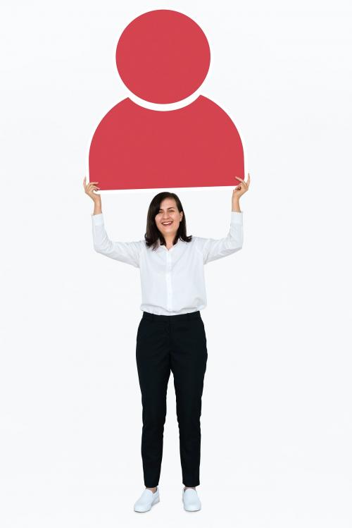 Cheerful woman holding a red user icon - 475454