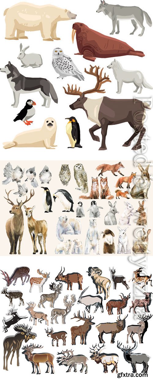 Hand-drawn animals set watercolor style