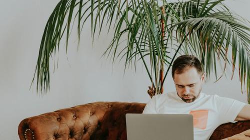 Man on the couch working on his laptop - 937509