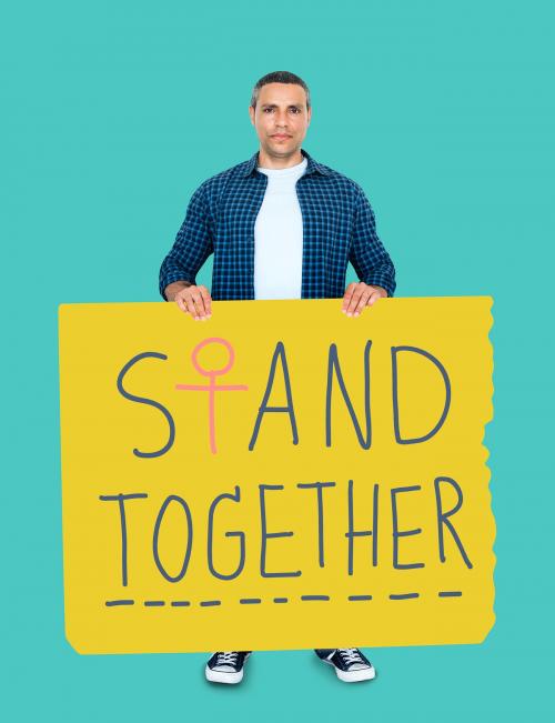 Man holding a stand together banner - 470425