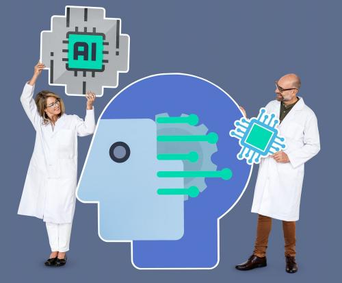 Researchers holding Artificial Intelligence icons - 470535