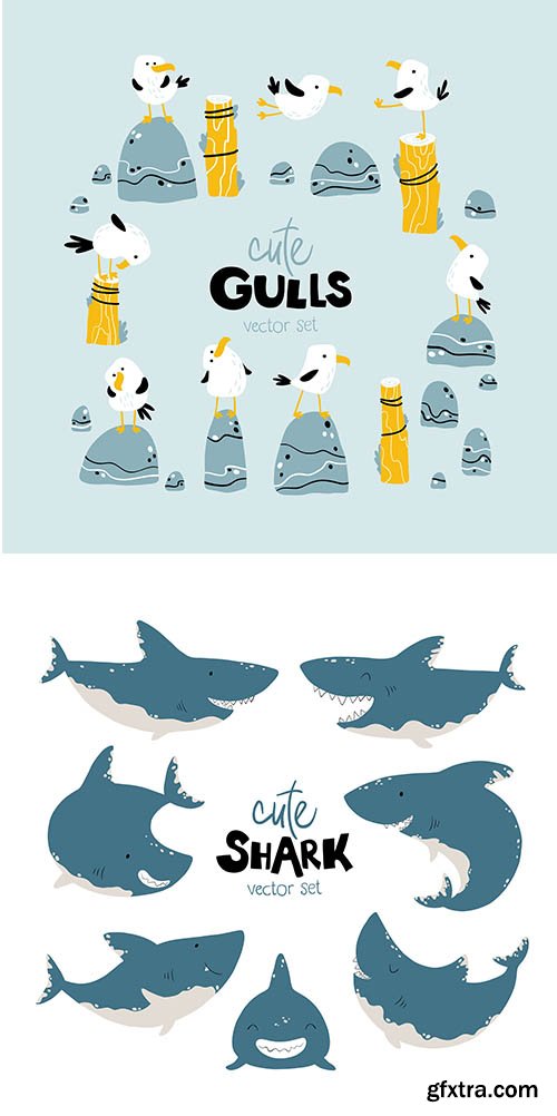 Cute Shark and Gulls Vector Set