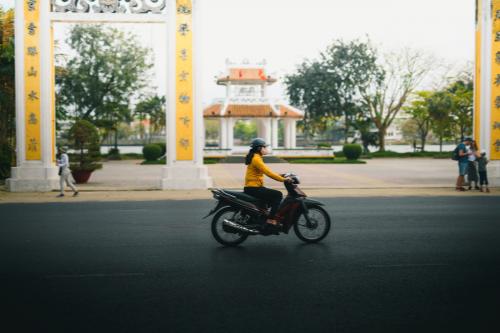 Vietnamese woman riding a bike in a city - 843930