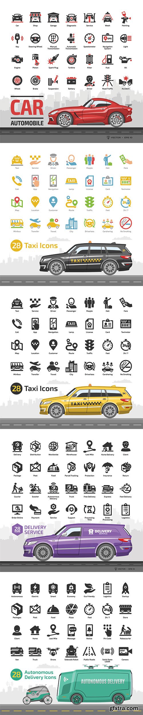 Car icon set with mockup and basic automotive symbols