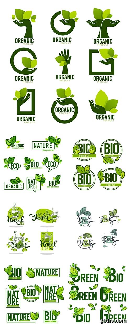 Nature and Bio Product, doodle organic leaves emblems, stickers, 