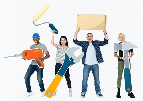 Cheerful diverse people holding tools - 469354