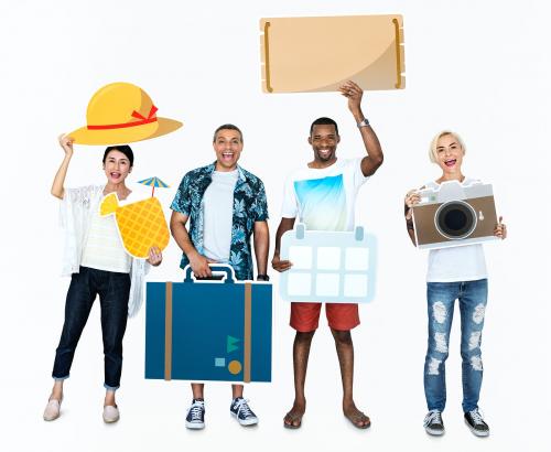 Happy diverse people holding travel icons - 469361