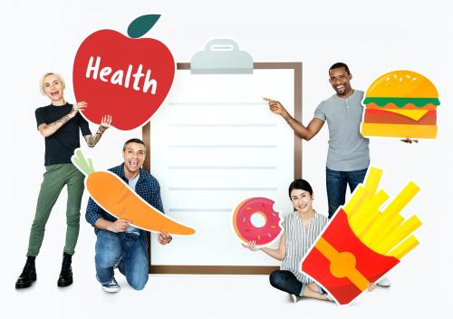 Group of diverse people with healthy food icons - 469372