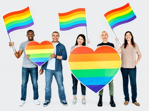 Happy diverse people holding lgbt hearts - 469396