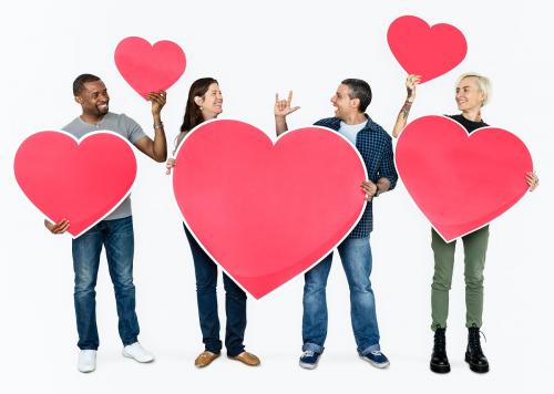 Happy diverse people holding hearts - 469409