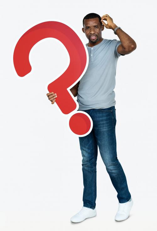 Confused man holding a question mark icon - 469494