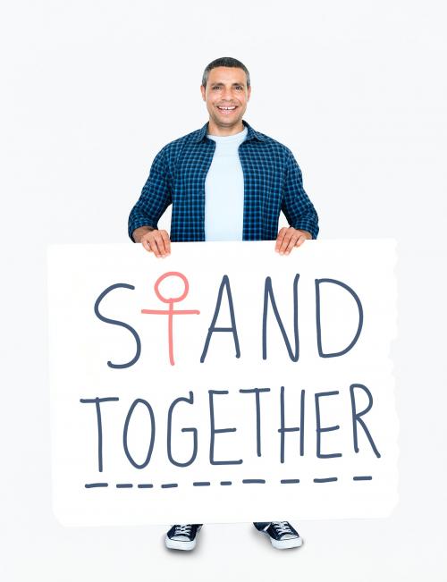 A man holding stand together signboard - 469506