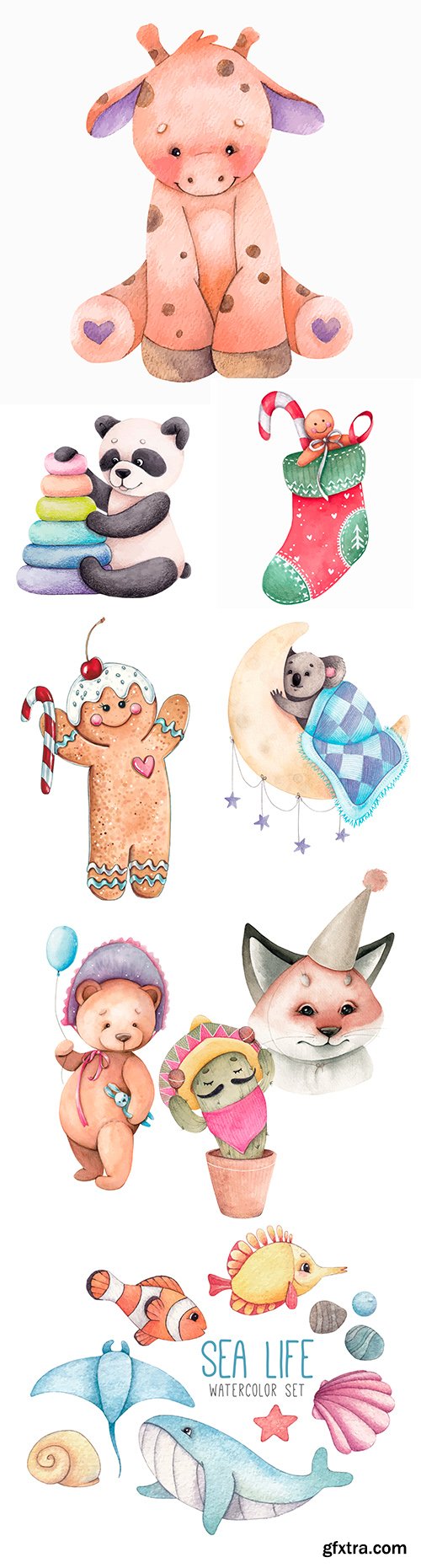 Watercolor illustrations cute cartoon animals in different caps
