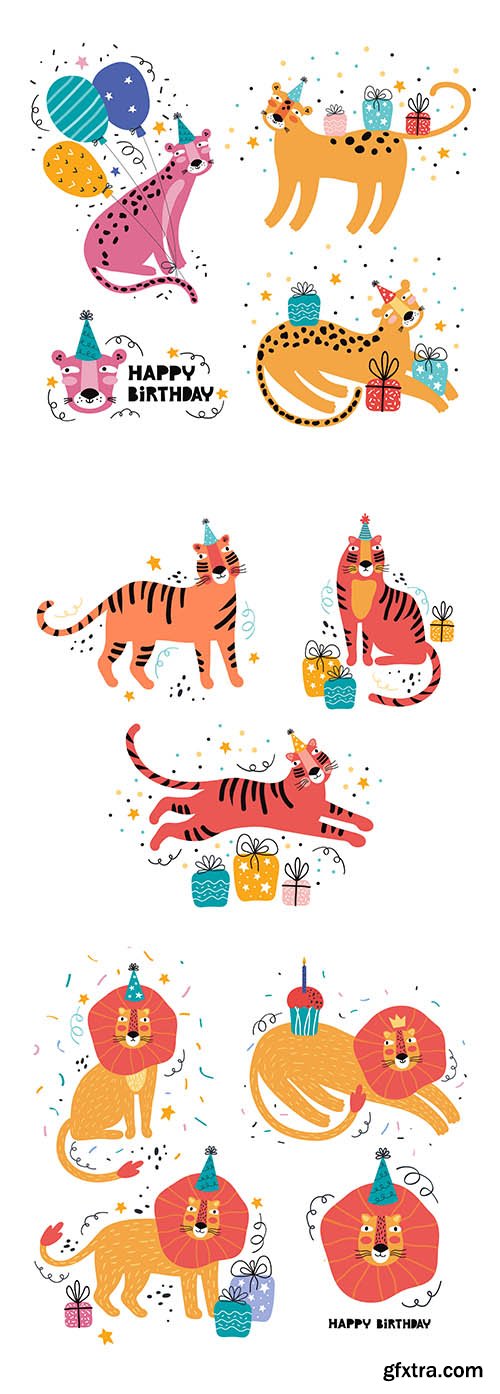 Happy Birthday Funny Jungle Animal Party Wild Animal Hand-Drawn Illustration