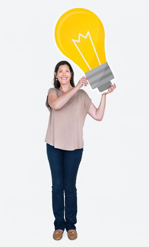 Happy woman holding a light bulb icon - 469608