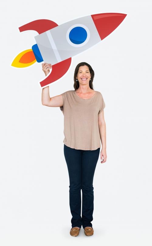 Happy woman holding a rocket icon - 469619