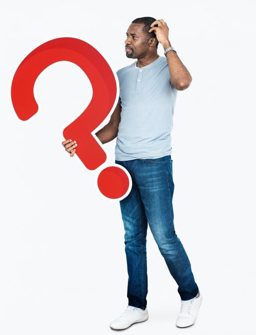 Confused man holding a question mark icon - 469673