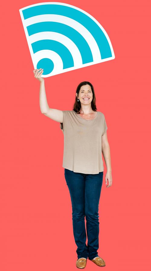 Woman holding a blue wifi icon - 470129