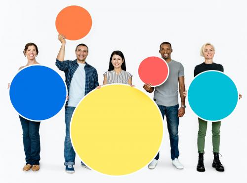 Diverse people holding blank colorful circle boards - 470224