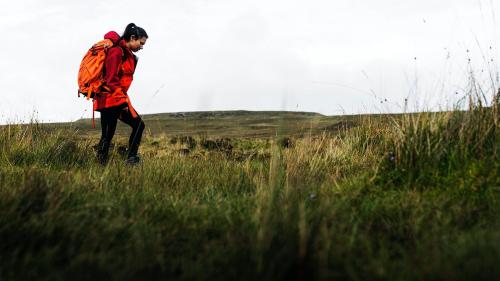 Female hiker walking through a grass field - 1233358