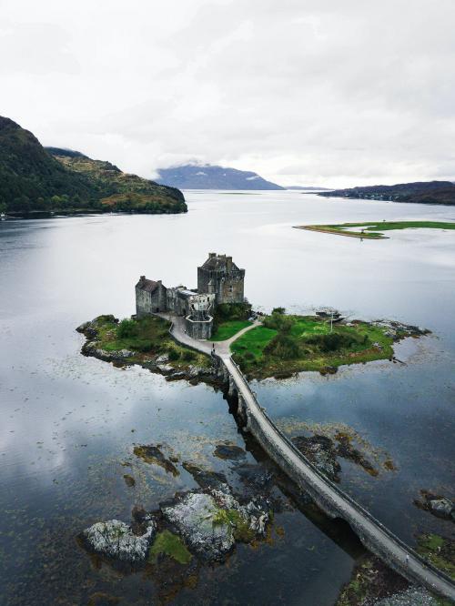 Drone shot of Eilean Donan Castle, Scotland - 1233444