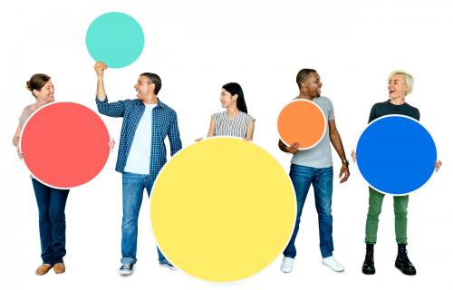 Diverse people holding blank colorful circle boards - 470232