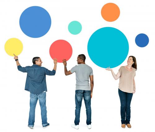 Diverse people holding blank colorful circle boards - 470250