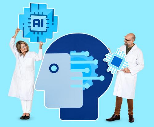 Researchers holding Artificial Intelligence icons - 470263