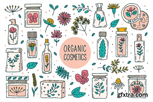 Natural Organic Cosmetics with Plants Doodle Clipart