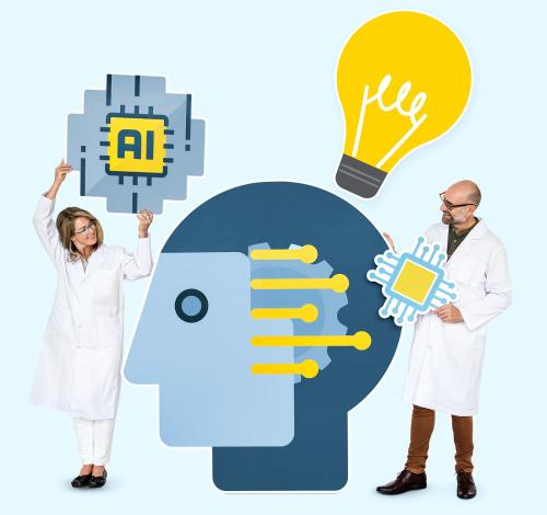 Researchers holding Artificial Intelligence icons - 468387