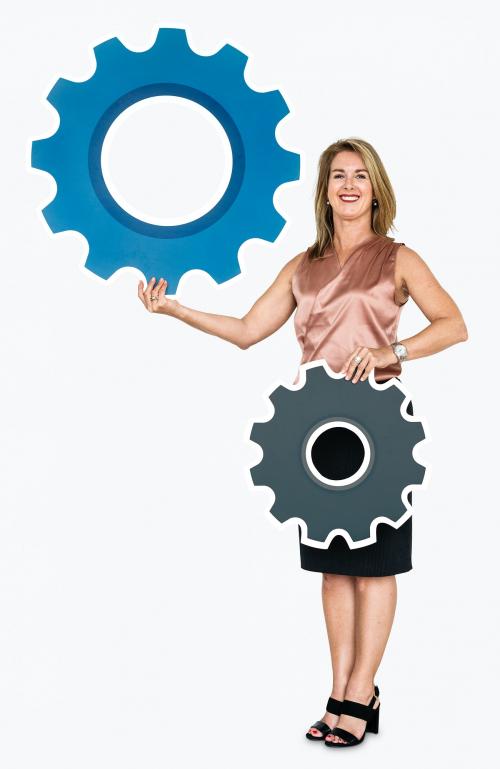 Businesswoman holding a cogwheel icon - 468419