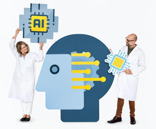 Researchers holding Artificial Intelligence icons - 468479