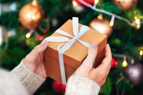 Woman holding a brown present near a Christmas tree - 1231823