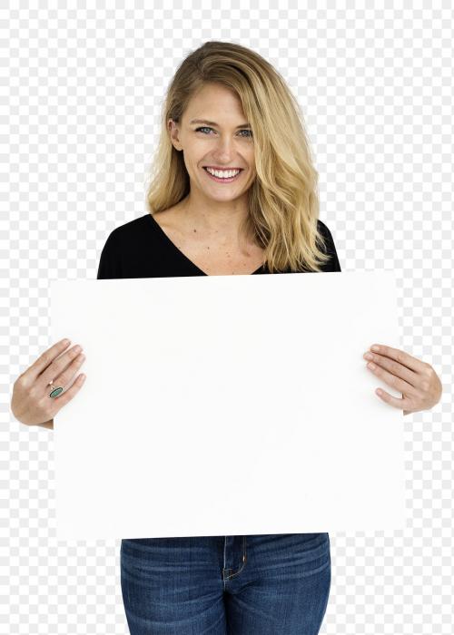 Happy blonde woman holding an empty board transparent png - 1232528