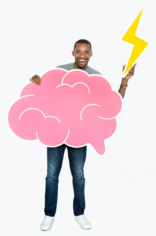 Happy man holding a brain icon and a lightning bolt - 469223