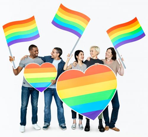 Happy diverse people holding lgbt hearts - 469233