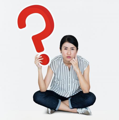 Confused woman holding a question mark icon - 469239